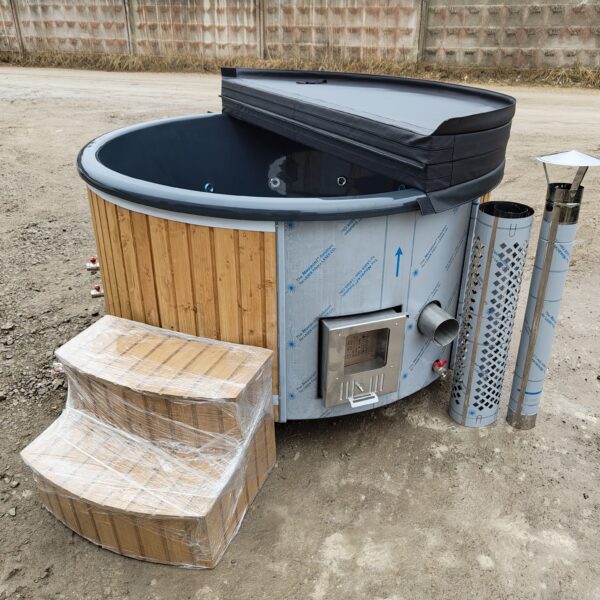 Stiklašķiedras kubls ar ārējo krāsni un hidromasāžu Ø200 cm